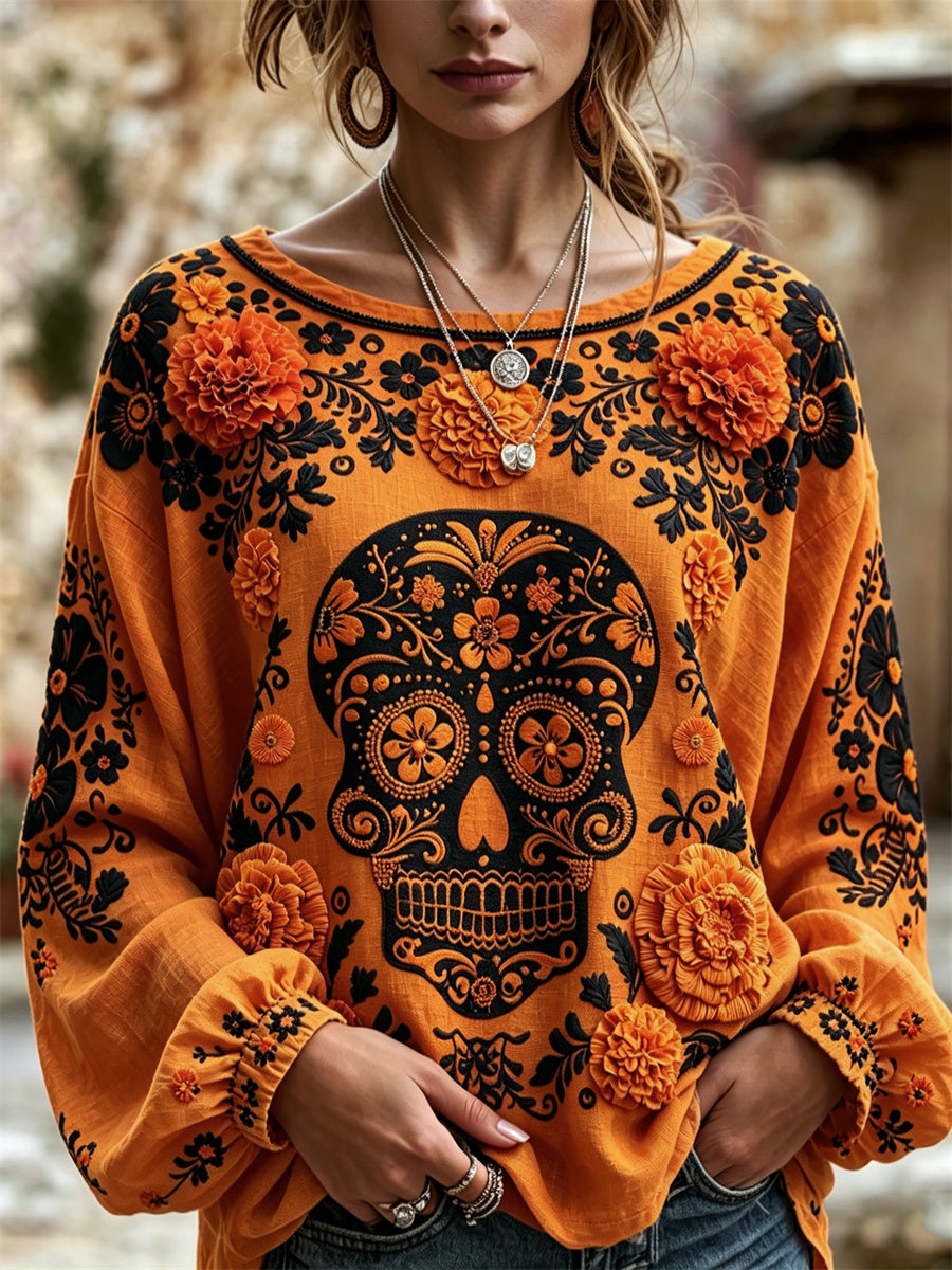 Women's Day of the Dead Sugar Skull Mexican Marigolds Floral Print Cotton-Linen Shirt