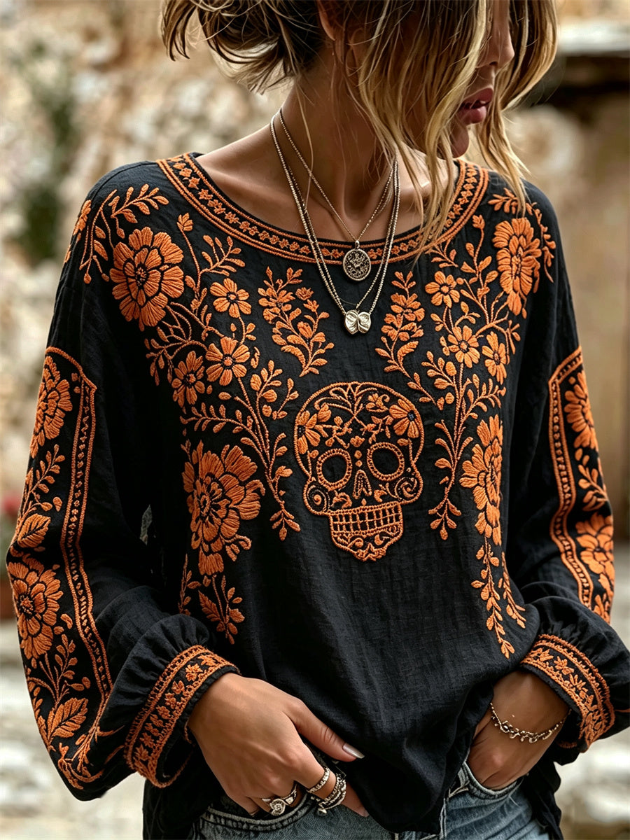 Women's Day of the Dead Sugar Skull Mexican Marigolds Floral Print Cotton-Linen Shirt