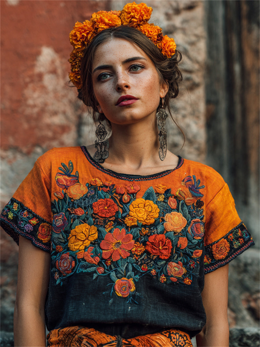 Women's Day of the Dead Mexican Marigolds Floral Print Contrast linen short-sleeved T-shirt