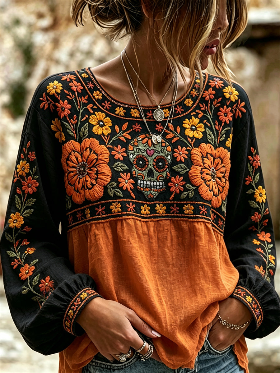 Women's Day of the Dead Sugar Skull Mexican Marigolds Floral Print Cotton-Linen Shirt