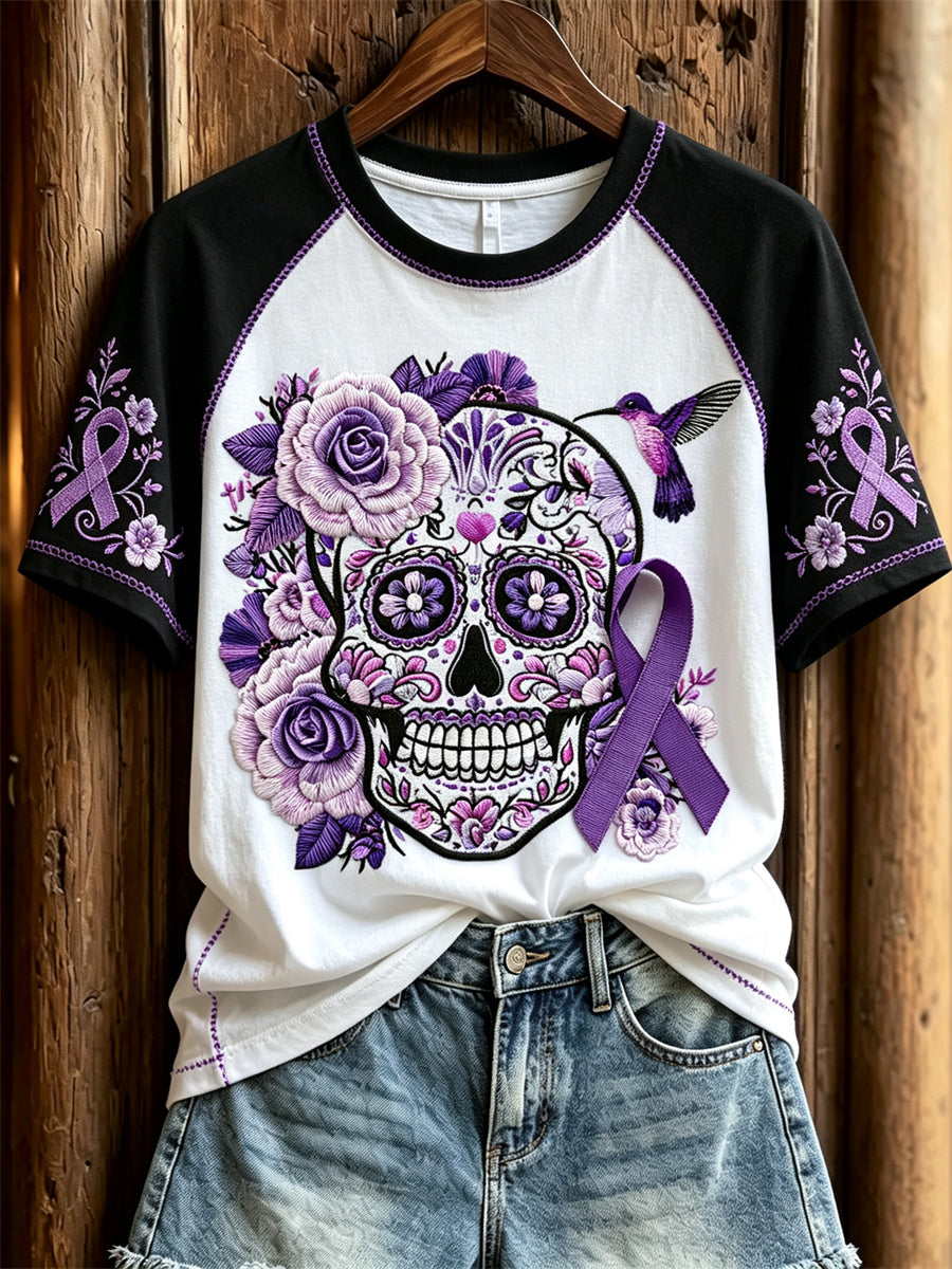 Women's Alzheimer Awareness Sugar Skull Floral Print Contrast Raglan short sleeve T-shirt