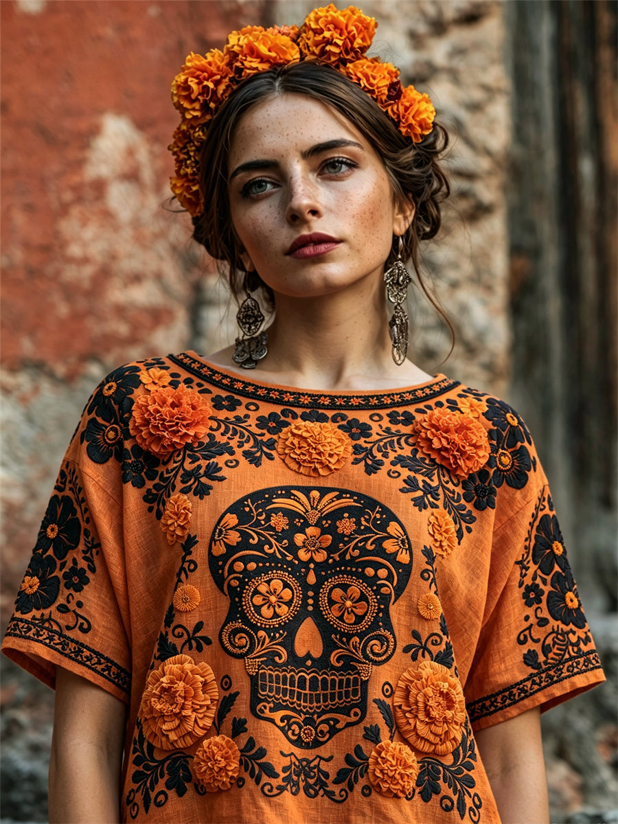 Women's Day of the Dead Sugar Skull Mexican Marigolds Floral Print linen short-sleeved T-shirt