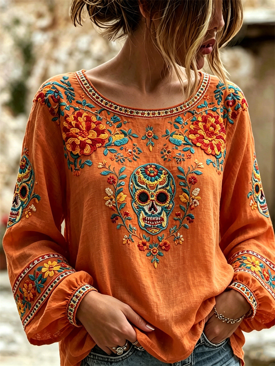 Women's Day of the Dead Sugar Skull Mexican Marigolds Floral Print Cotton-Linen Shirt