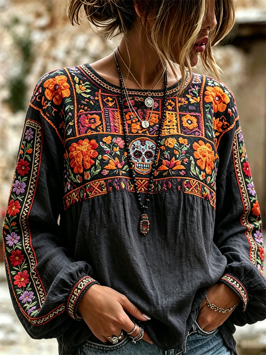Women's Day of the Dead Sugar Skull Mexican Marigolds Floral Print Cotton-Linen Shirt