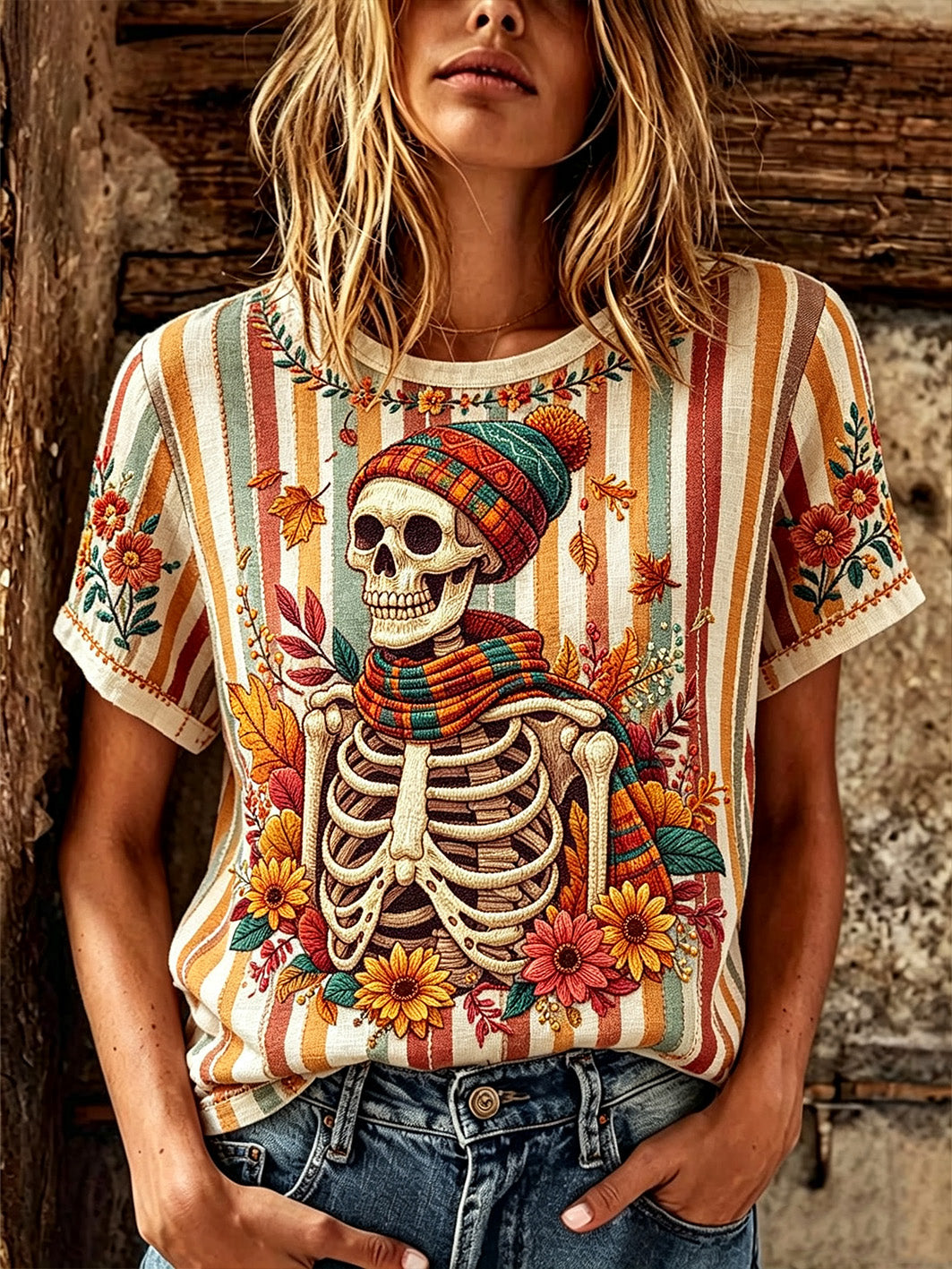 Women's retro Day of the Dead plant and flower pattern printed casual cotton and linen short-sleeve T-shirt