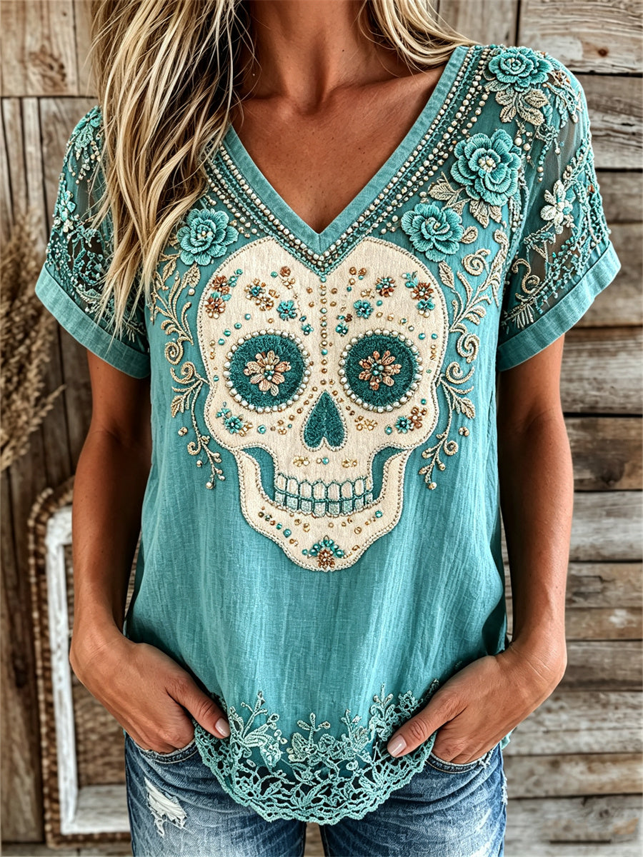 Women's Vintage Western Sugar Skull Turquoise Floral Print linen short-sleeved T-shirt
