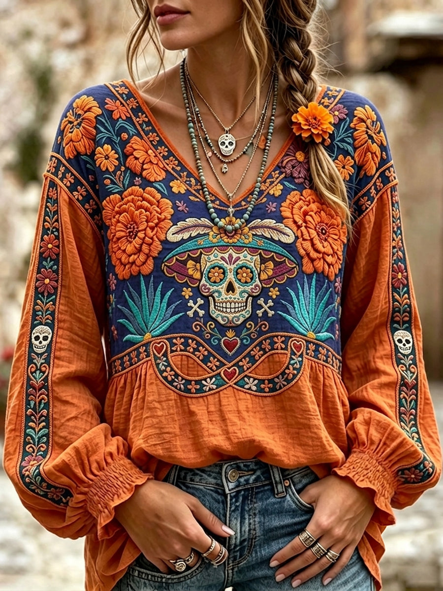 Women's Day of the Dead Sugar Skulls Marigold Print Cotton-Linen Shirt