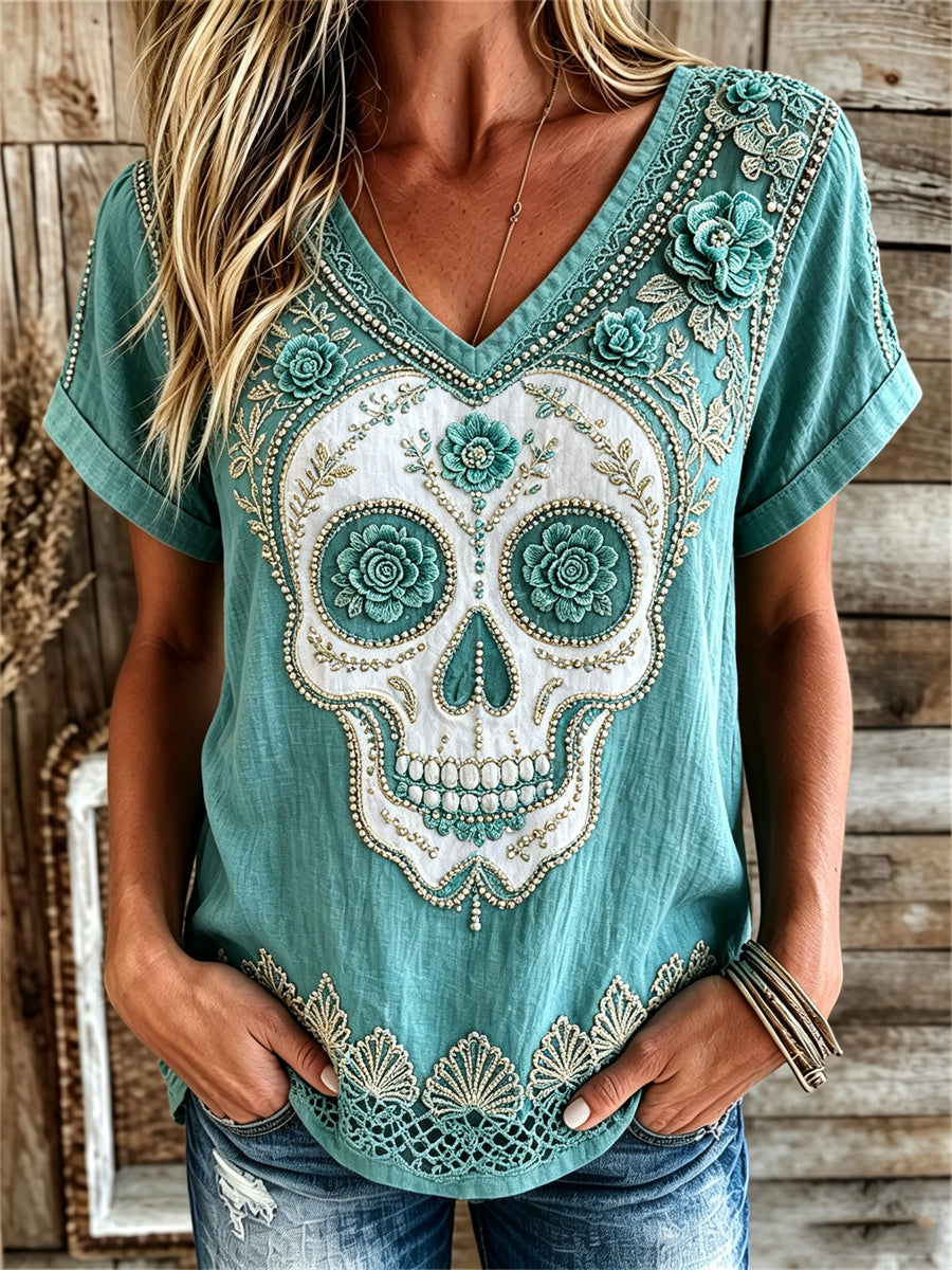 Women's Vintage Western Sugar Skull Turquoise Floral Print linen short-sleeved T-shirt