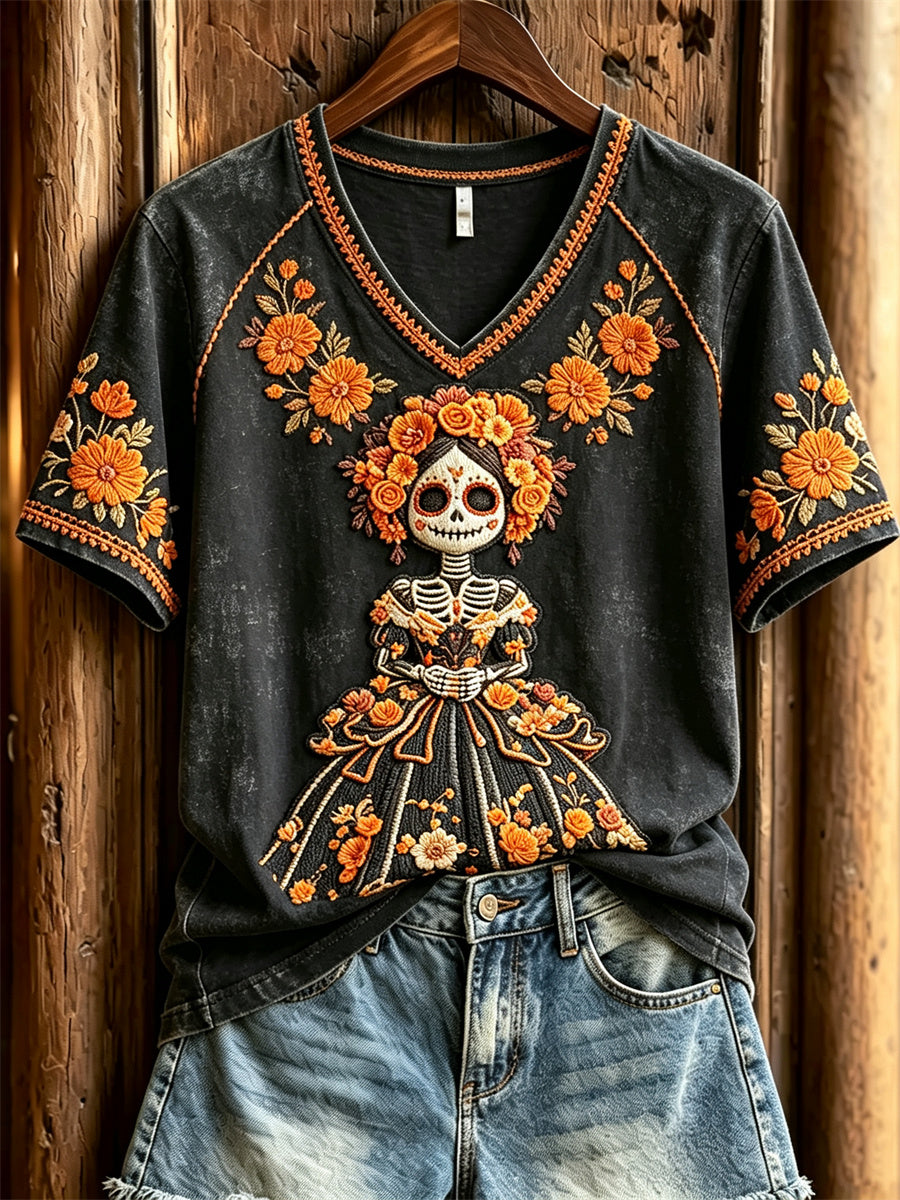 Women's Day of the Dead Sugar Skull Lady Mexican Marigolds Floral Print short-sleeved T-shirt