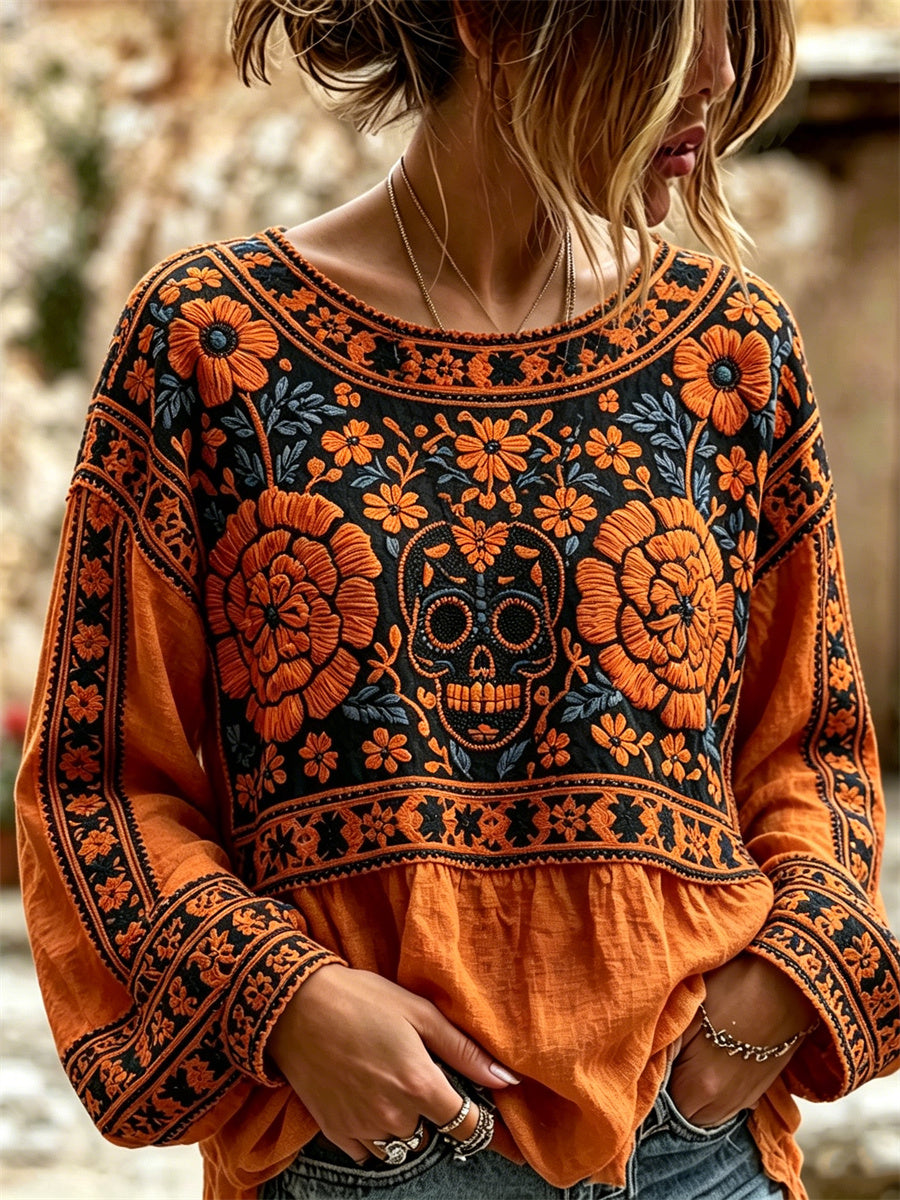 Women's Day of the Dead Sugar Skull Mexican Marigolds Floral Print Cotton-Linen Shirt