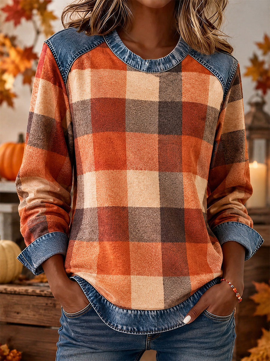 Women's Fall Plaid Print Denim Patchwork Top