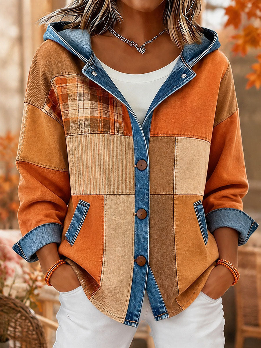 Women's Fall Plaid Print Denim Patchwork Hooded Cardigan