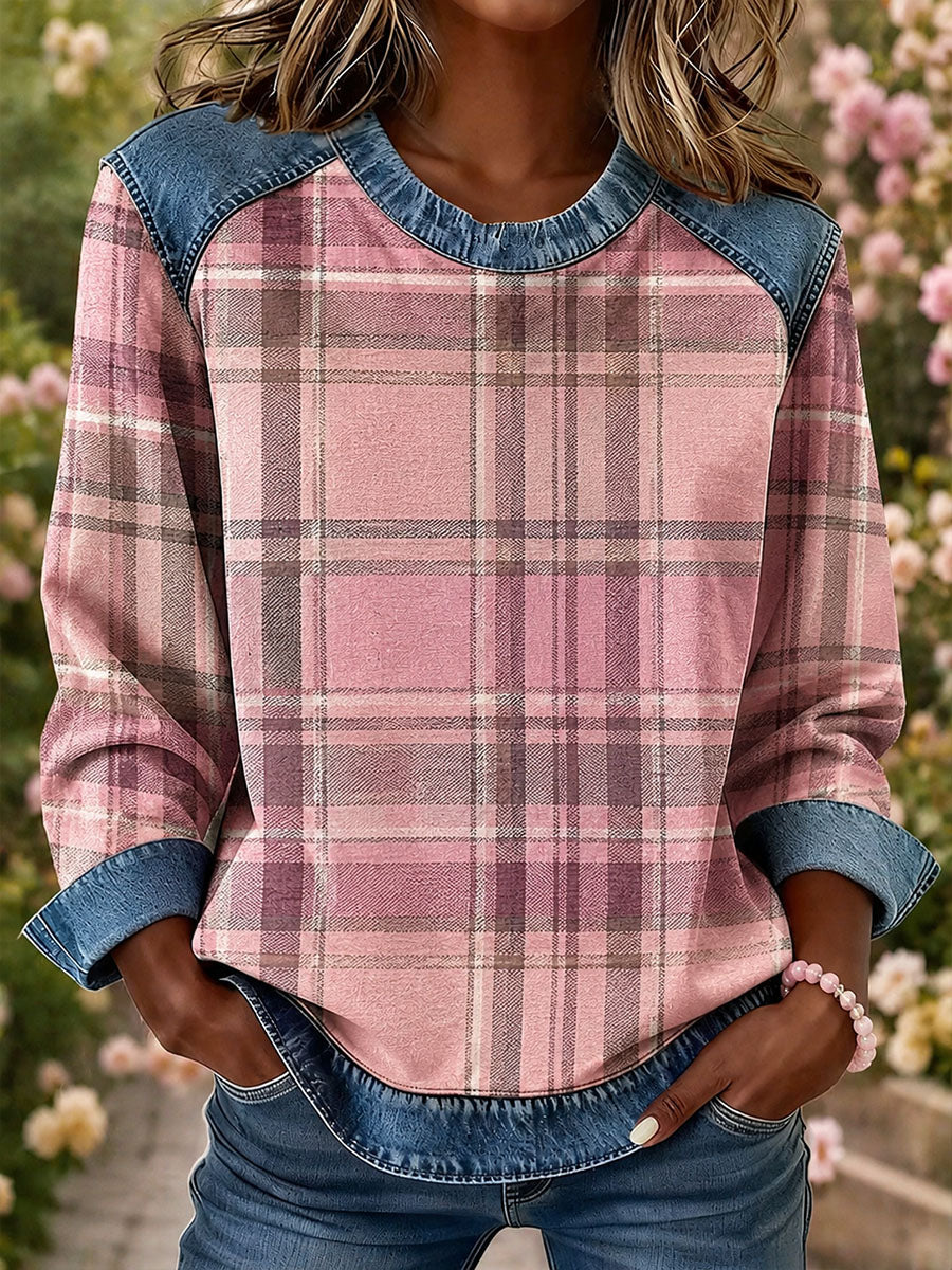 Women's Plaid Print Denim Patchwork Top