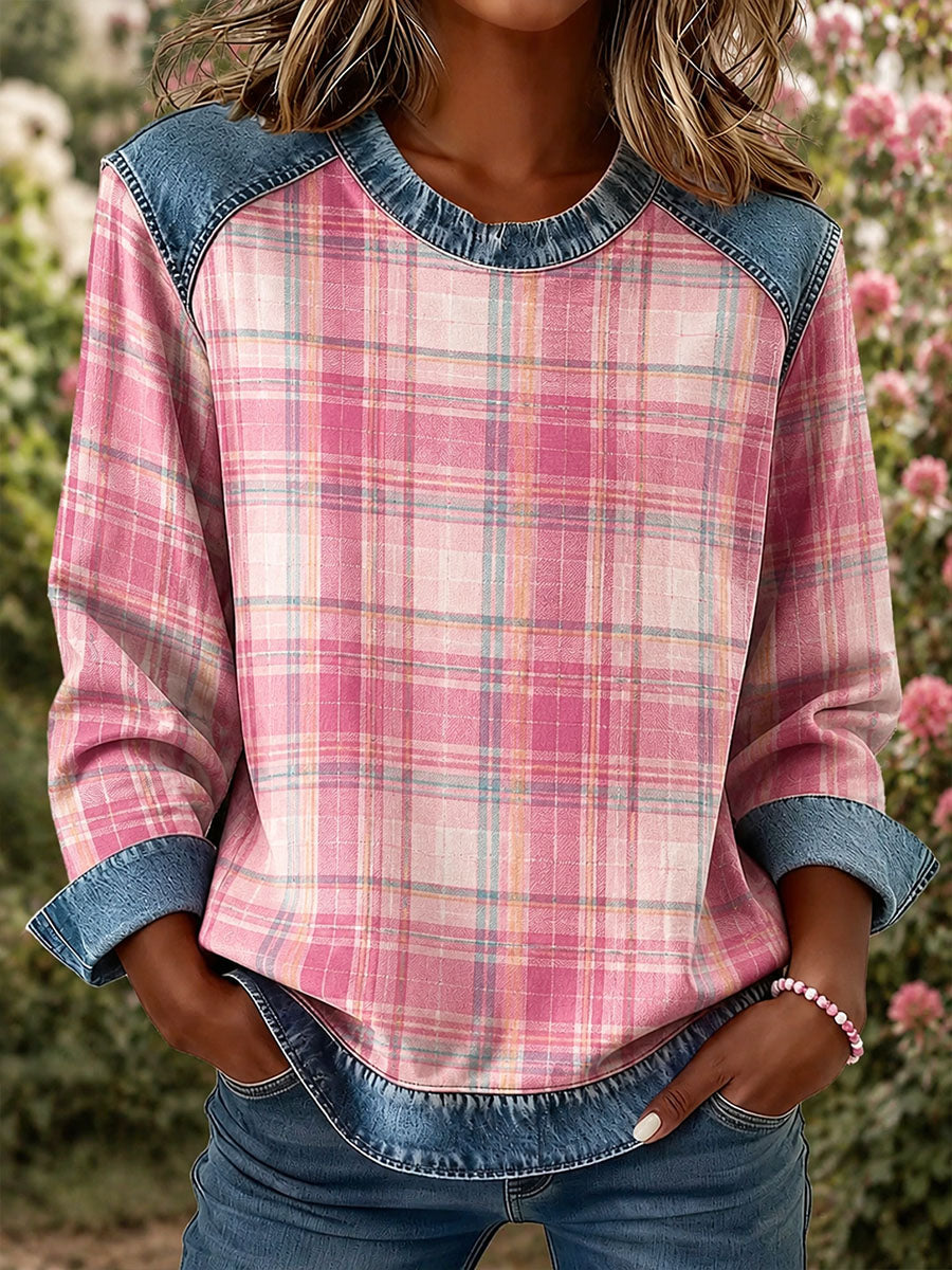 Women's Plaid Print Denim Patchwork Top