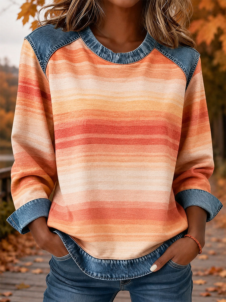 Women's Autumn Striped Print Denim-Panel Top