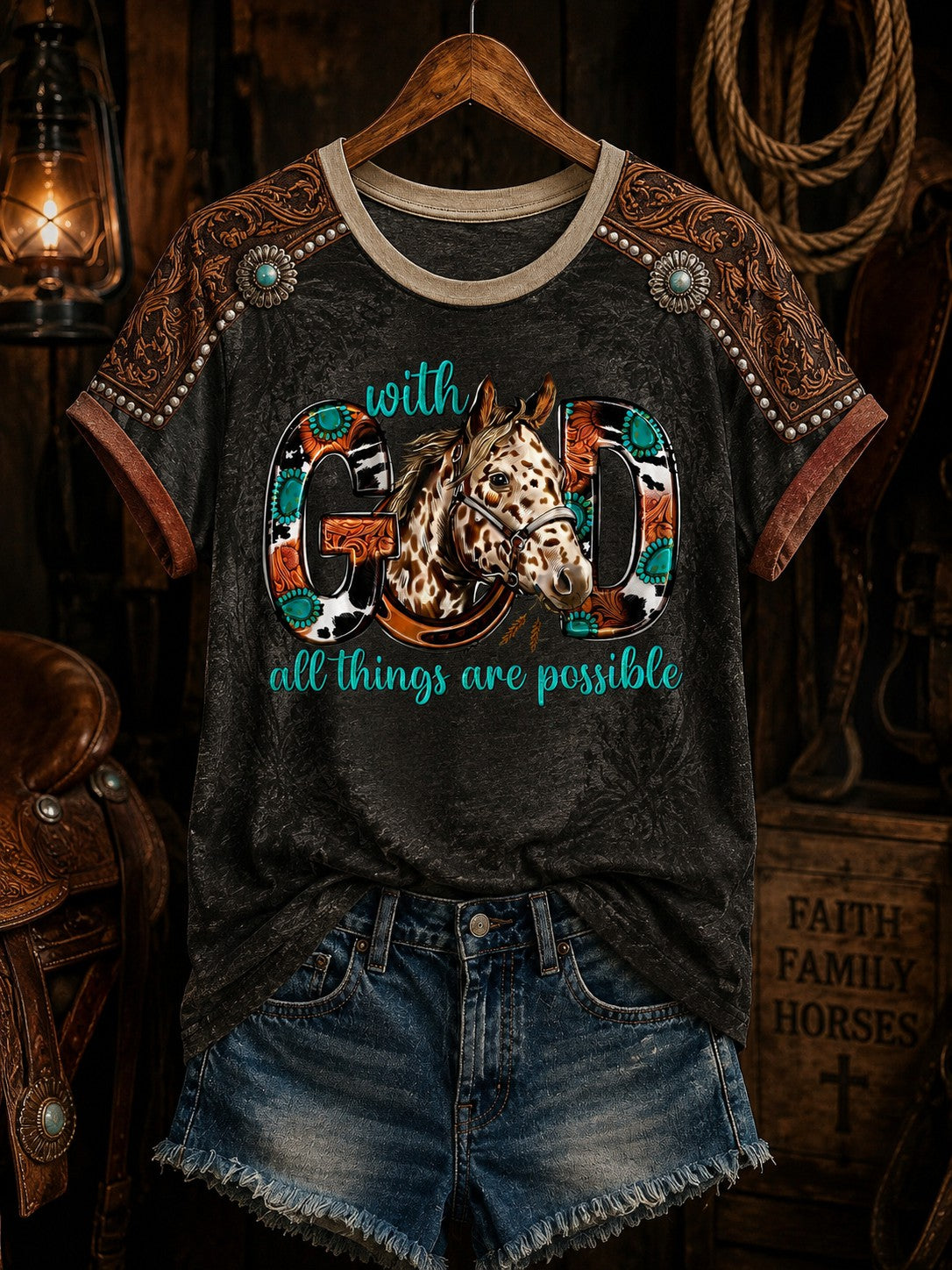 Women's With God All Things Are Possible Horse Western Faith Printed Off-shoulder T-shirt