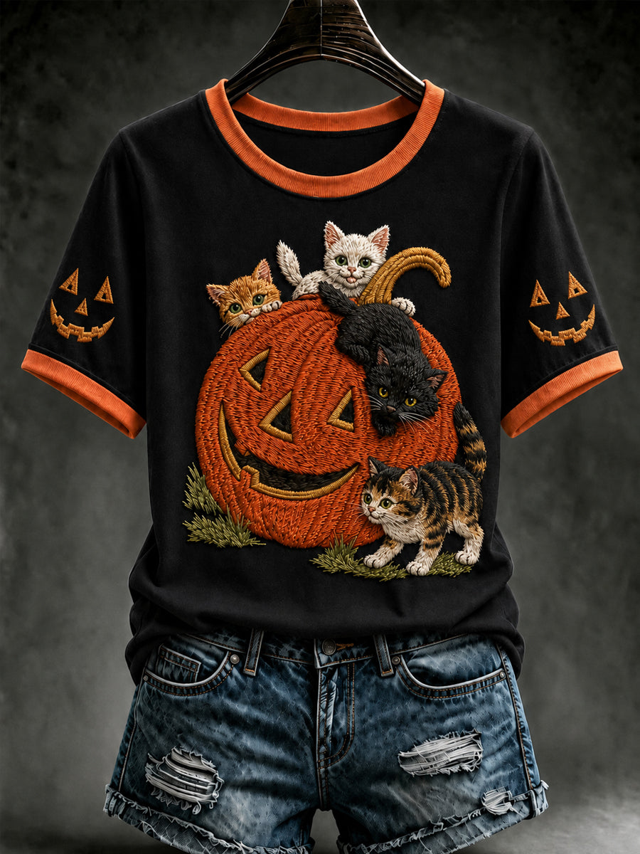 Women's Retro Halloween Black Cat Pumpkin Short Sleeve T-shirt