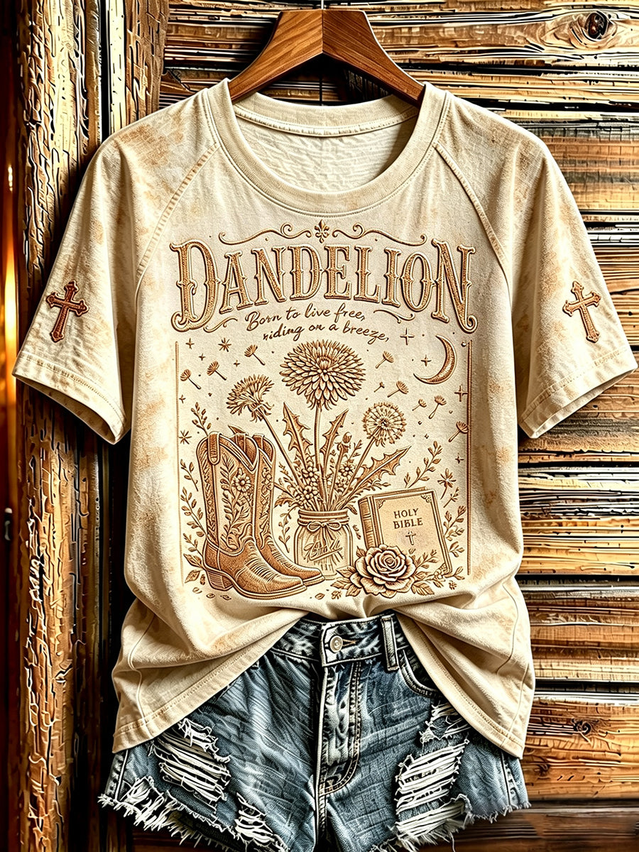 Women's Dandelion Western Cowgirl Born To Live Free Print Round Neck Short Sleeve T-shirt