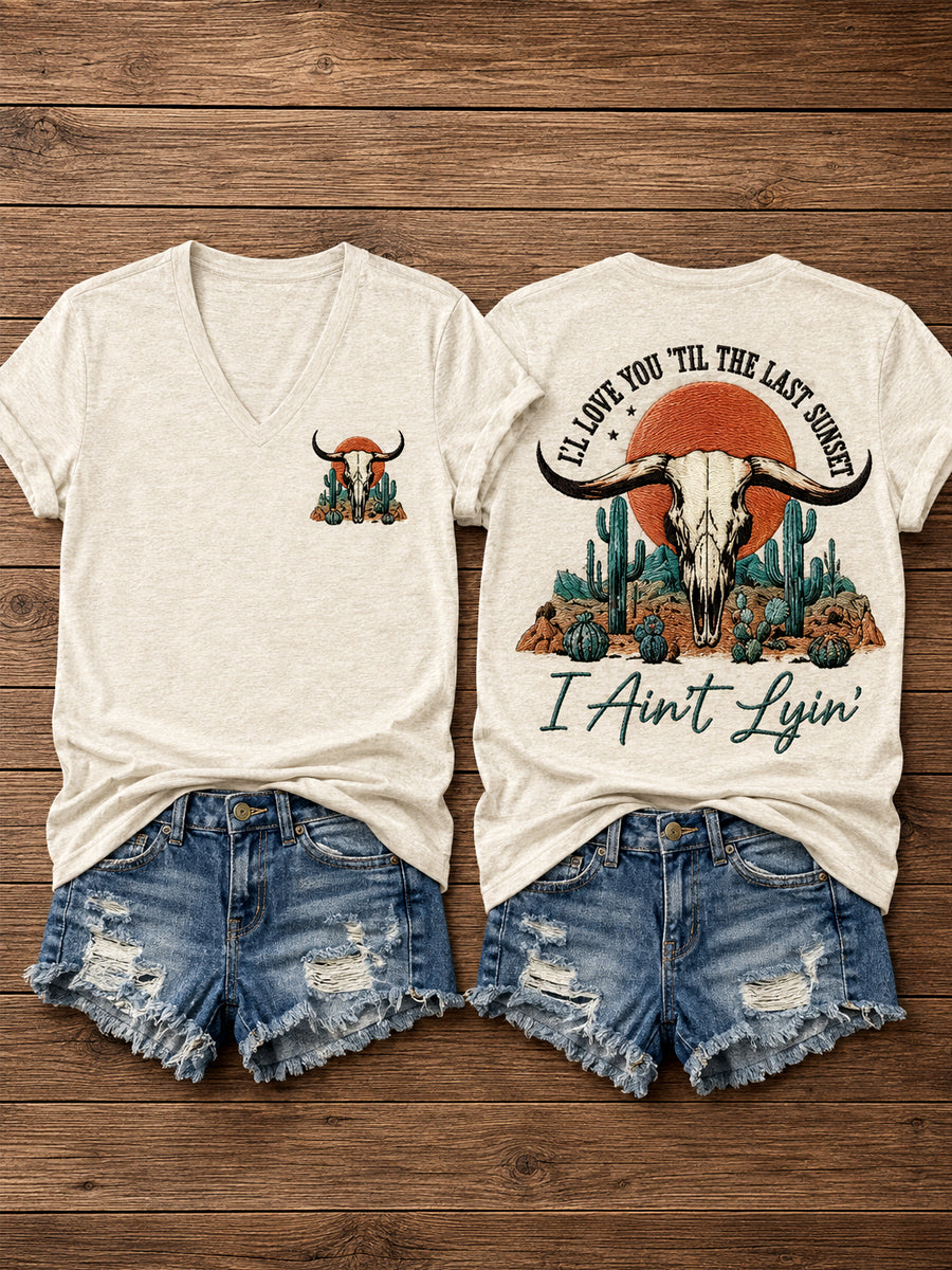 Women's Western I'll Love You 'Til My Lungs Give Out Country Music Print Casual V-Neck Tee