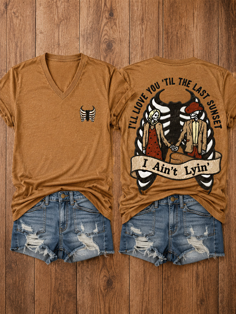 Women's Western I'll Love You 'Til My Lungs Give Out Country Music Print Casual V-Neck Tee