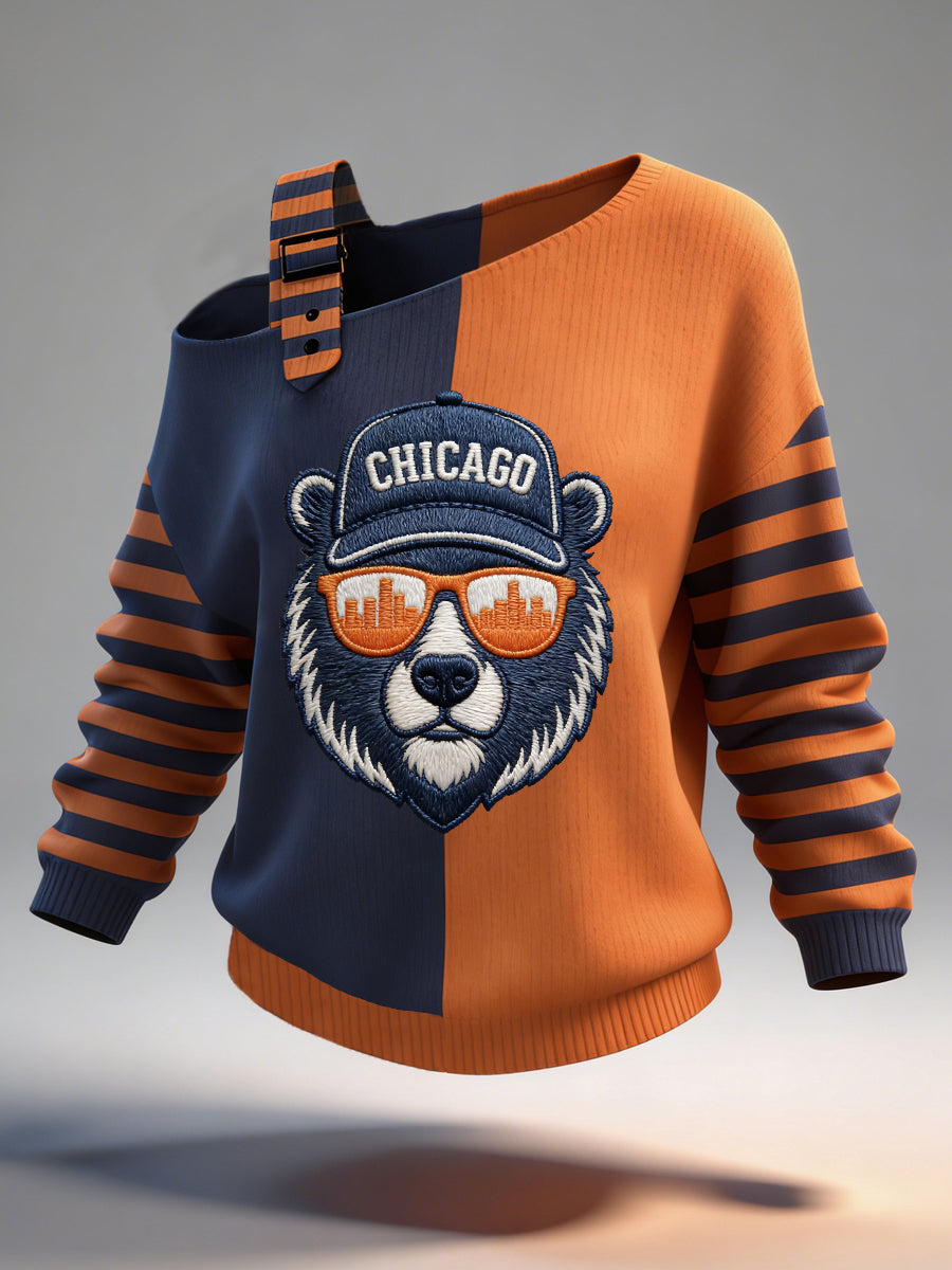 Women's Bear Print Football Fans Gameday Casual Off-Shoulder Top
