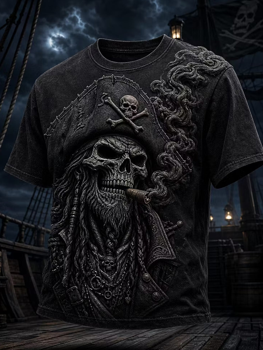 Men's Dark Pirate Art Retro Mysterious Skull Print Casual T-Shirt