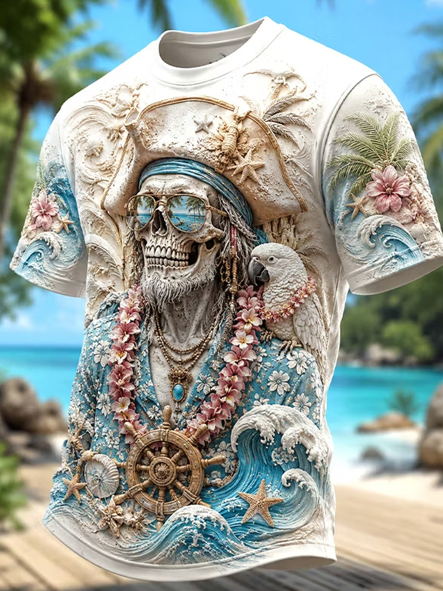 Men's Dark Pirate Art Retro Mysterious Skull Print Casual T-Shirt
