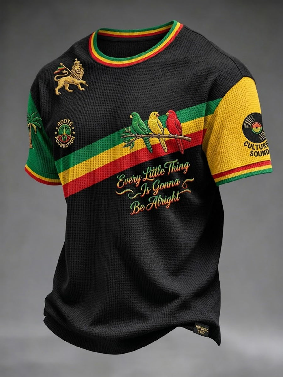 Retro Reggae-Inspired Striped Patchwork Waffle-Weave T-Shirt
