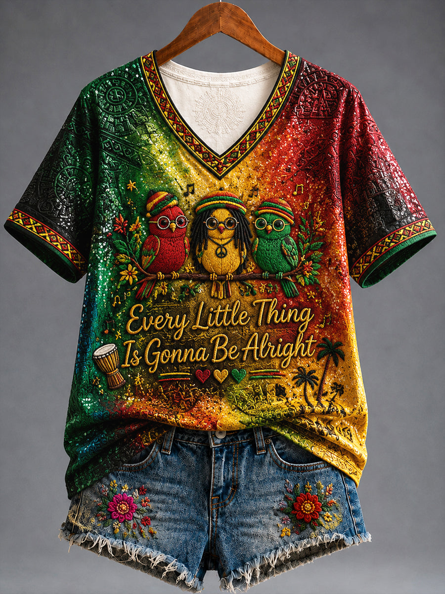 Vintage Reggae-Themed Casual V-Neck T-Shirt