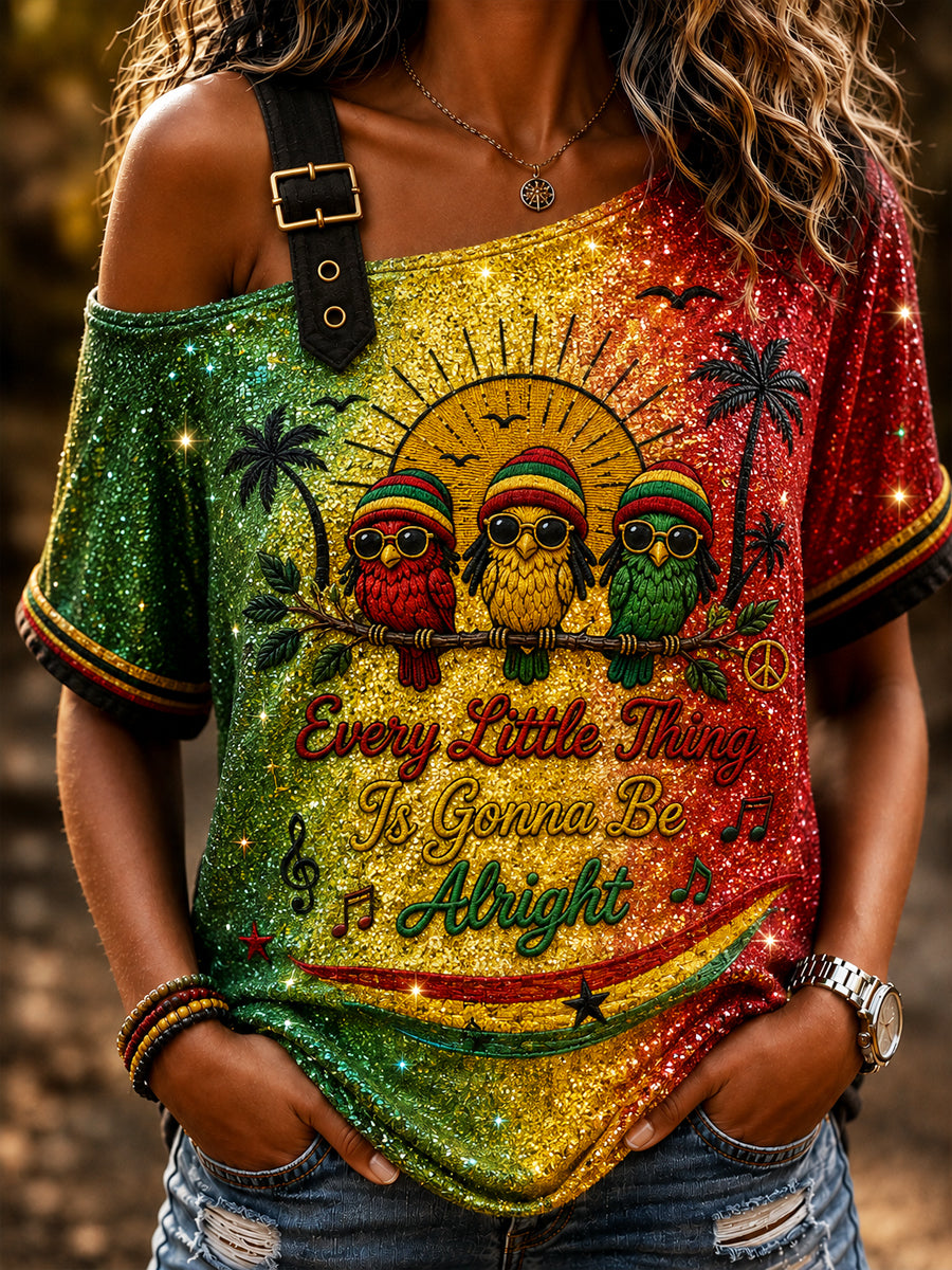 Women's Retro Reggae Ombré Casual Off-the-Shoulder T-Shirt