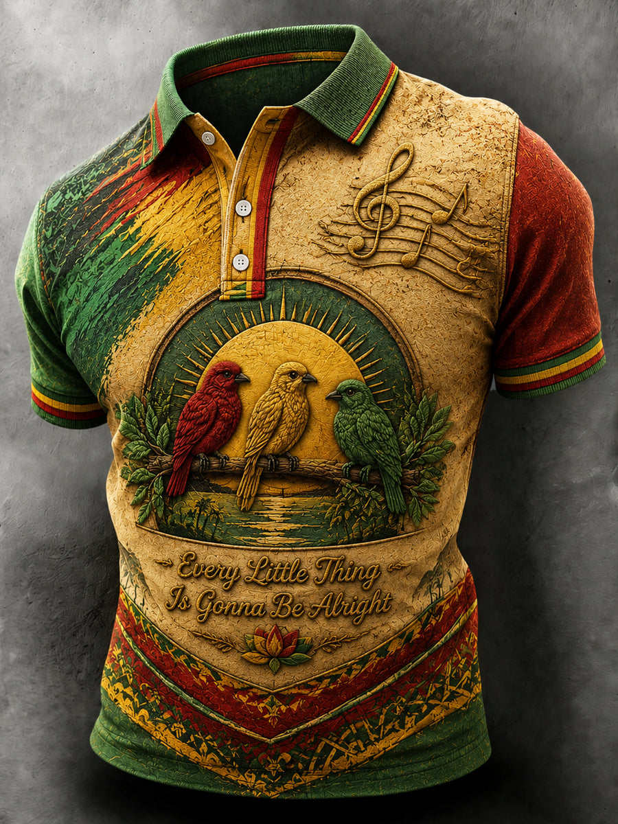 Men's Vintage-Style, Distressed Reggae-Themed Casual Polo Shirt