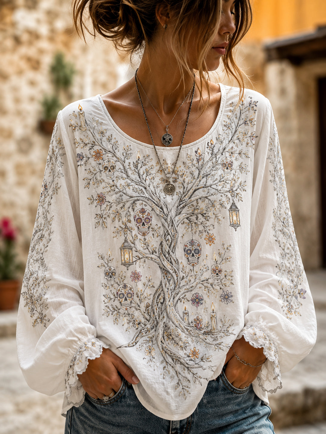 Women's Mexican Day Of The Dead Festival-Themed Art Print Long-Sleeved Top