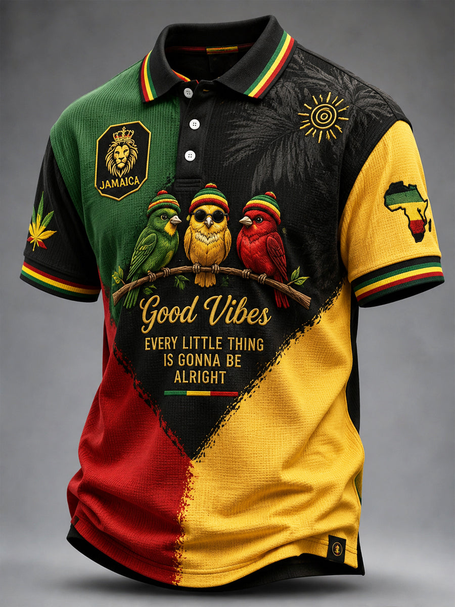 Retro Reggae-Inspired Patchwork Casual Waffle-Weave Polo Shirt