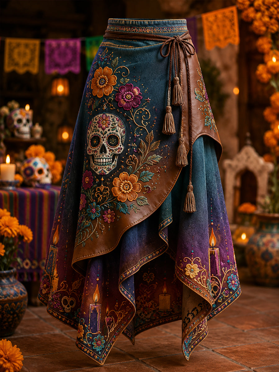 Women's Mexico's Day of the Dead Art Printed Irregular Skirt