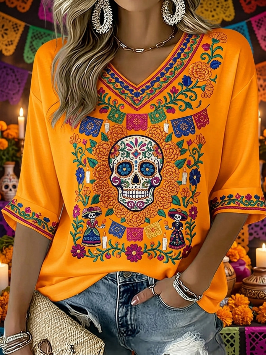 Women's Day of the Dead Sugar Skull Mexican Floral Print Mid-length Sleeves V-Neck T-Shirt