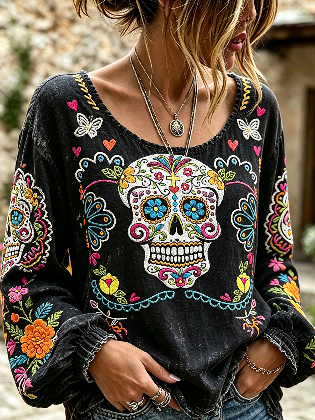 Women's Day of the Dead Pattern Printed Casual Cotton-Linen Shirt