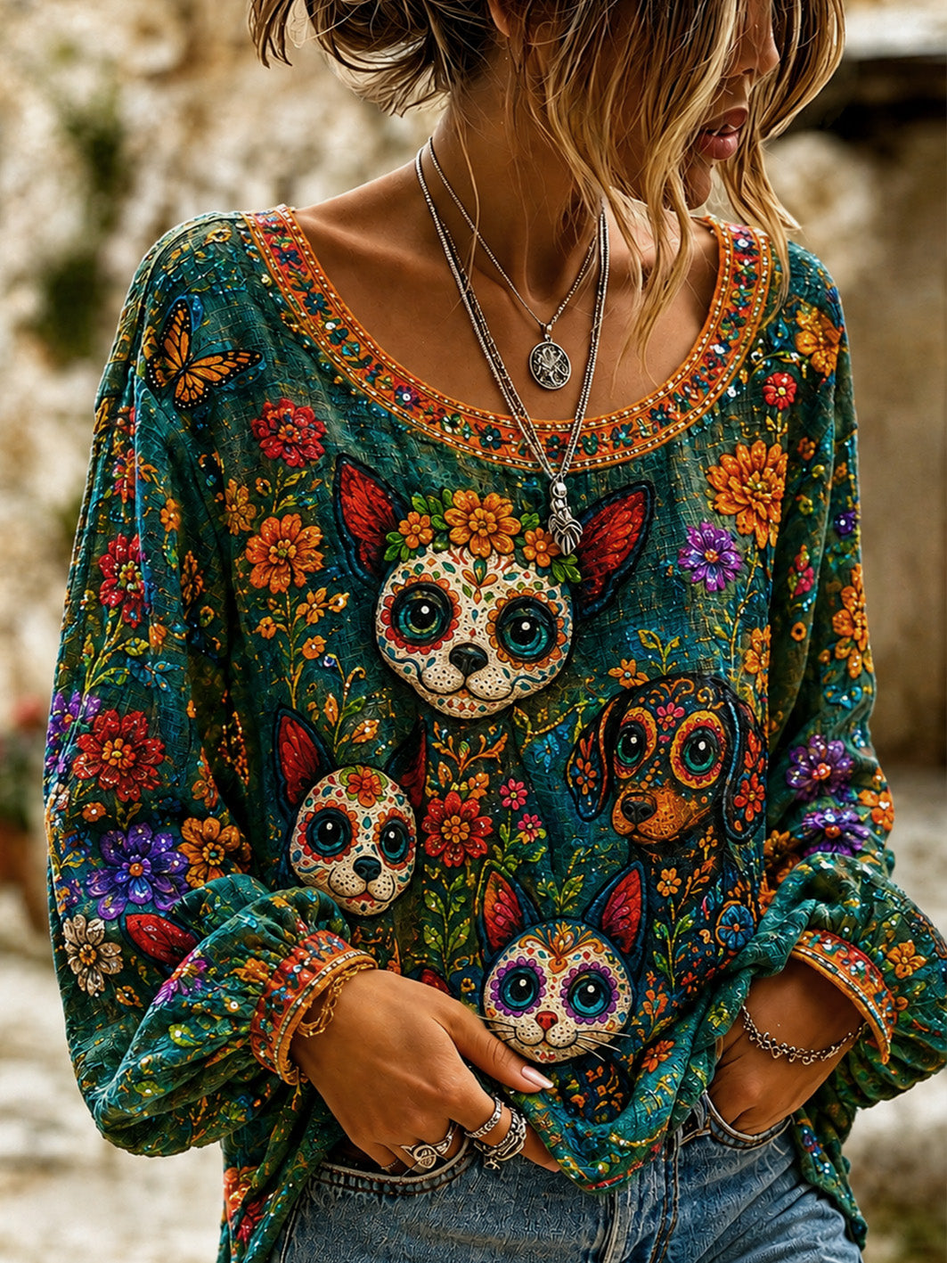 Women's Day of the Dead Pattern Printed Casual Cotton-Linen Shirt