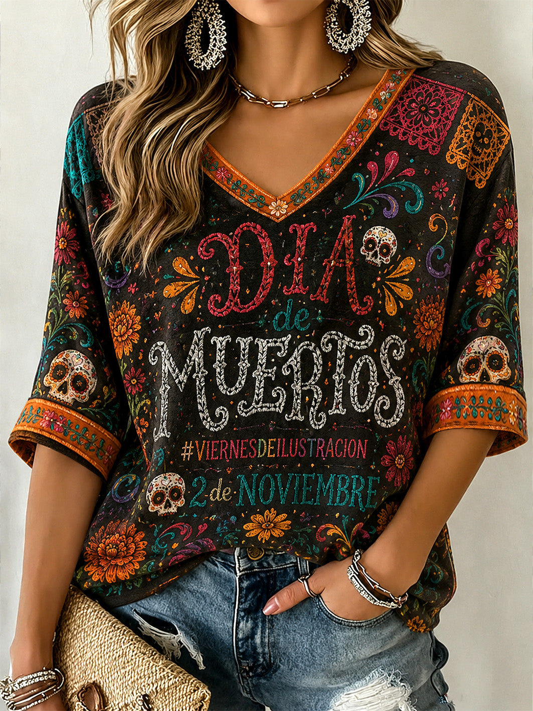 Women's Day of the Dead Pattern Printed Casual Mid-length Sleeves V-Neck T-Shirt