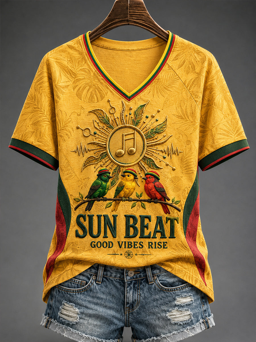 Women's Reggae V-Neck Off-Shoulder Short-Sleeved T-Shirt