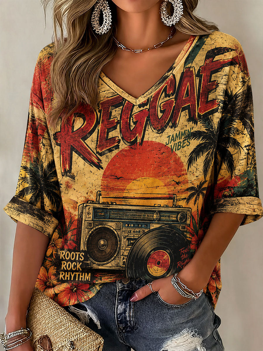 Women's Mid-length Sleeves V-Neck T-Shirt