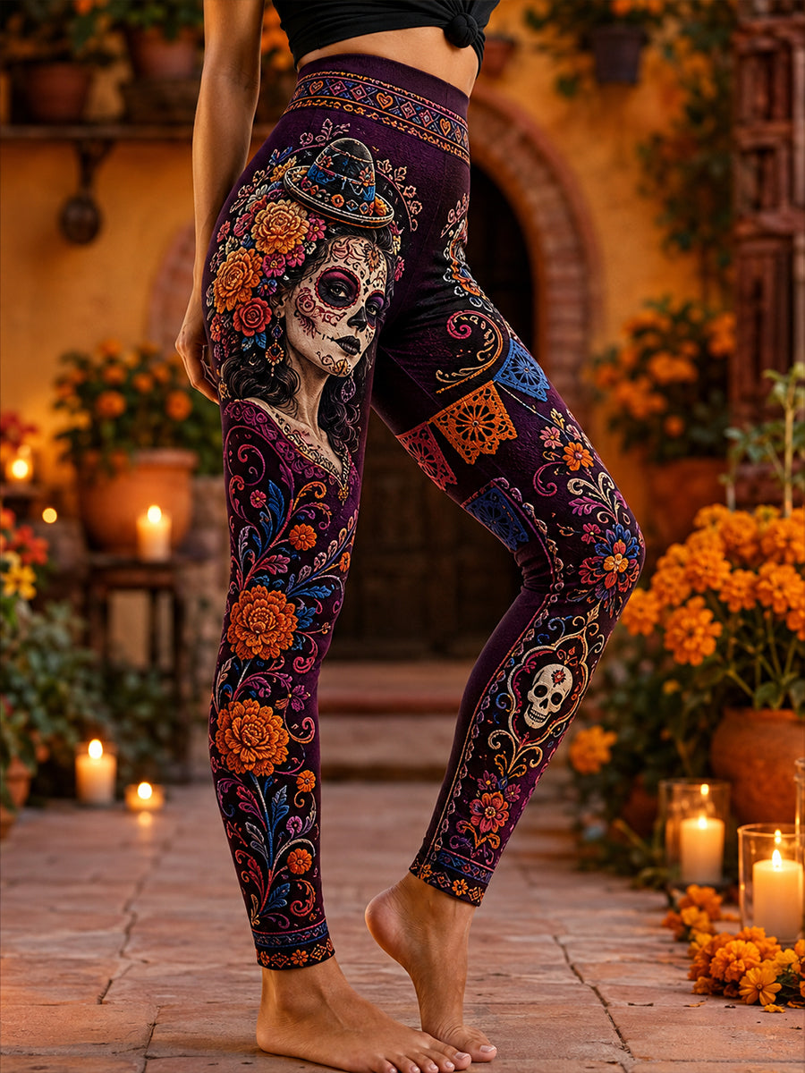 Women's Mexico's Day Of The Dead High-Waisted Slim Fit Casual Leggings