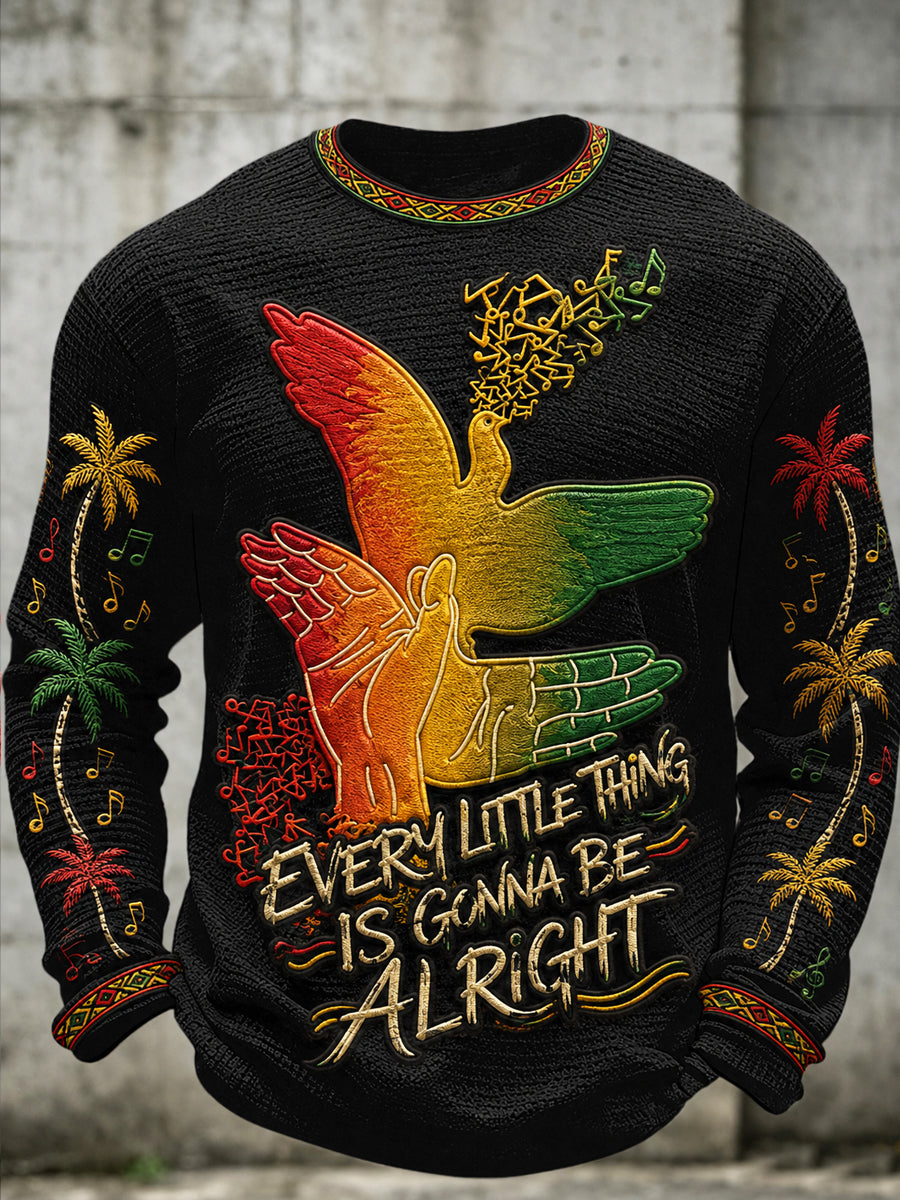 Men's Reggae Music Printed Waffle Long Sleeved Round Neck Sweatshirt