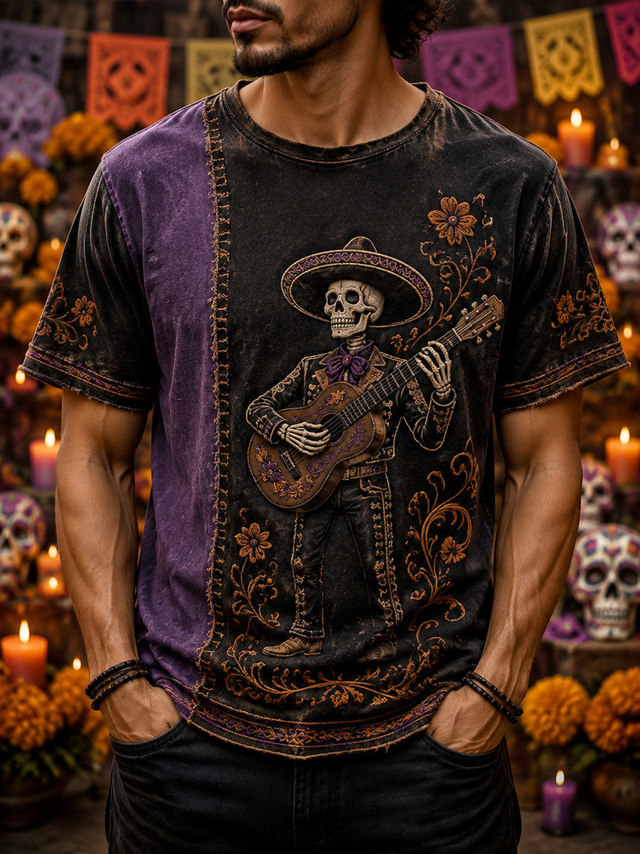 Men’s Day of the Dead Skeleton Printed Casual T-Shirt