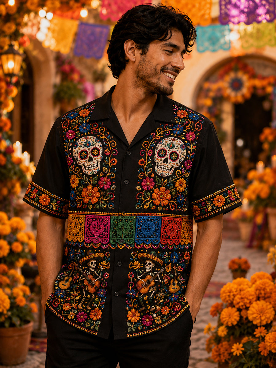 Men's Mexico Day Of The Dead Cuban Collar Shirt With Short Sleeves