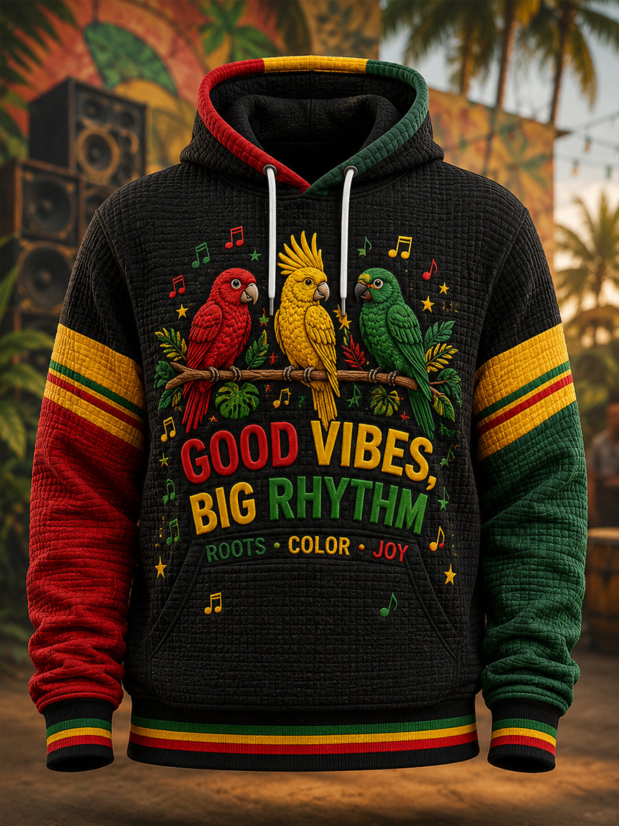 Men's Waffle-Knit Hoodie With Fun Reggae-Themed Slogan Print