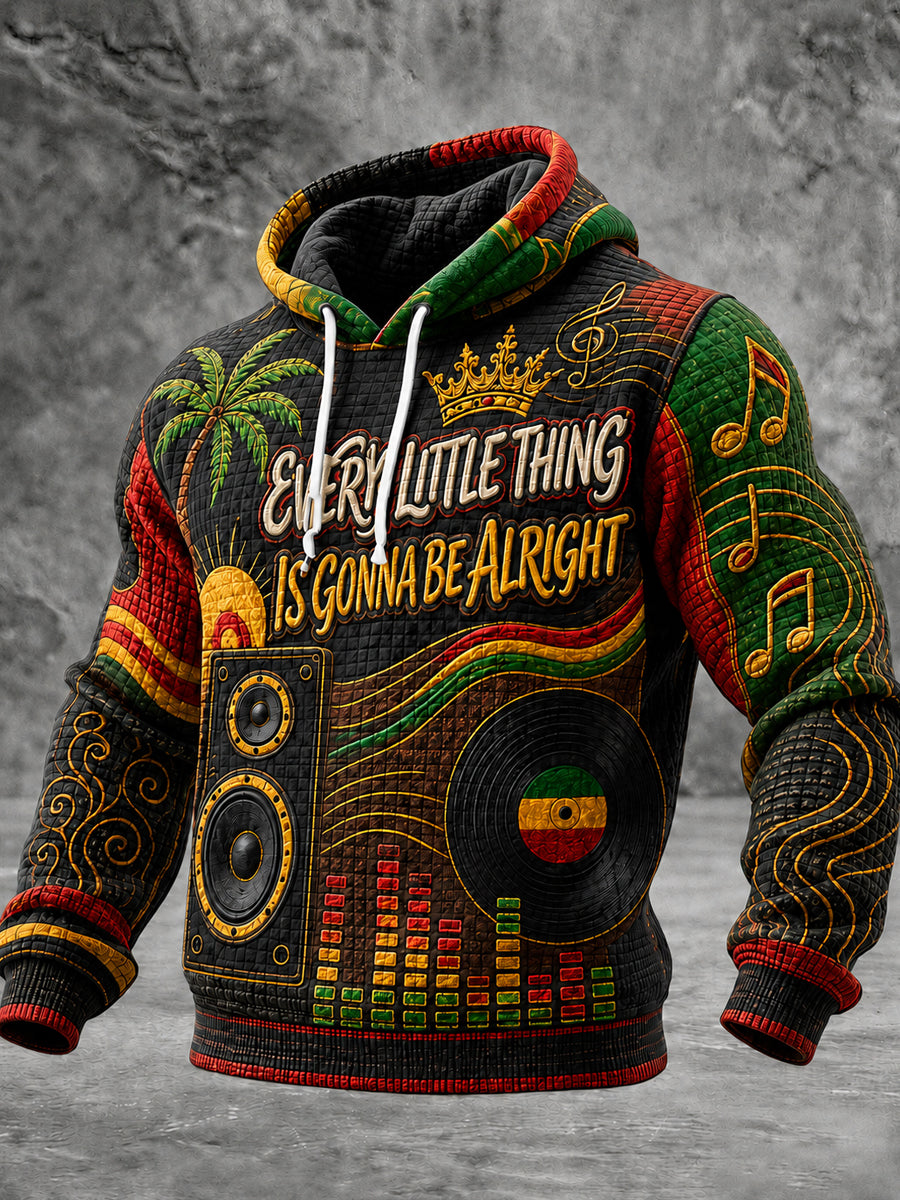 Men's Reggae Art Printed Waffle Long sleeved hooded sweatshirt