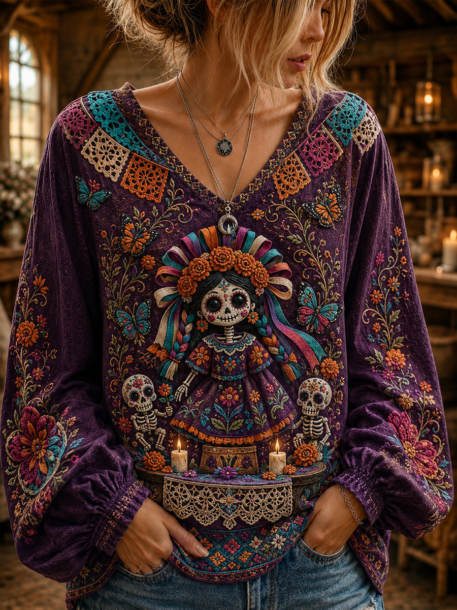 Women's Mexico's Day of the Dead Cotton-Linen V-Neck Long Sleeve