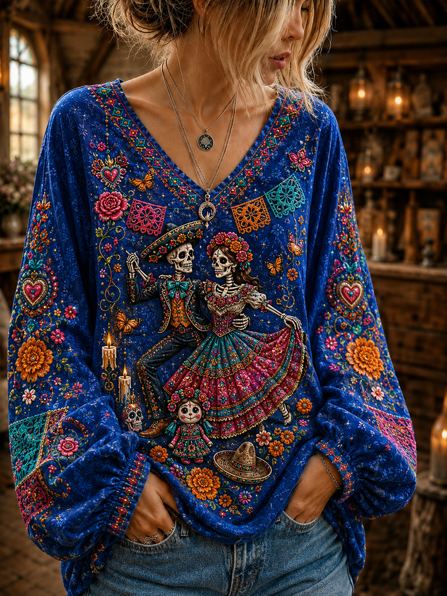 Women's Mexico's Day of the Dead Cotton-Linen V-Neck Long Sleeve