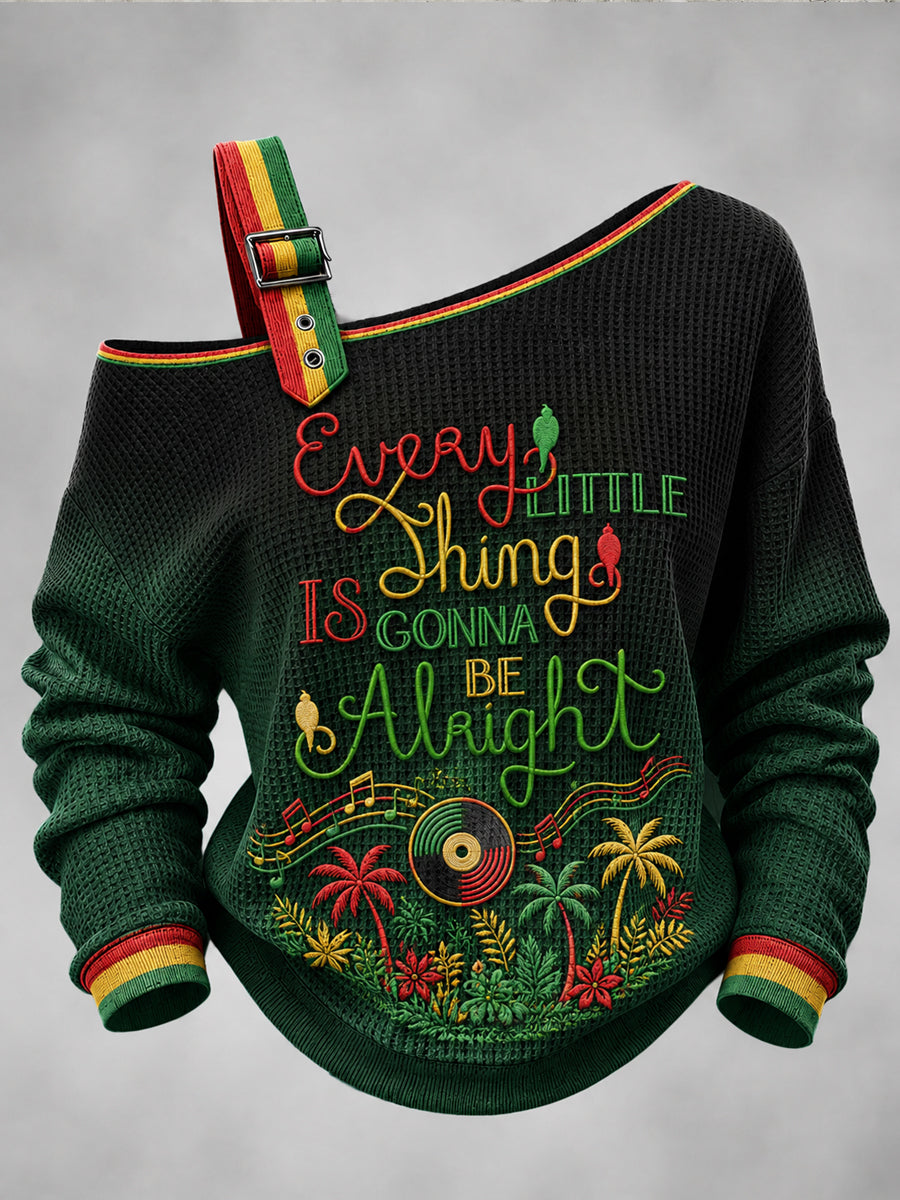 Women's Reggae Printed One Shoulder Waffle Casual Sweatshirt