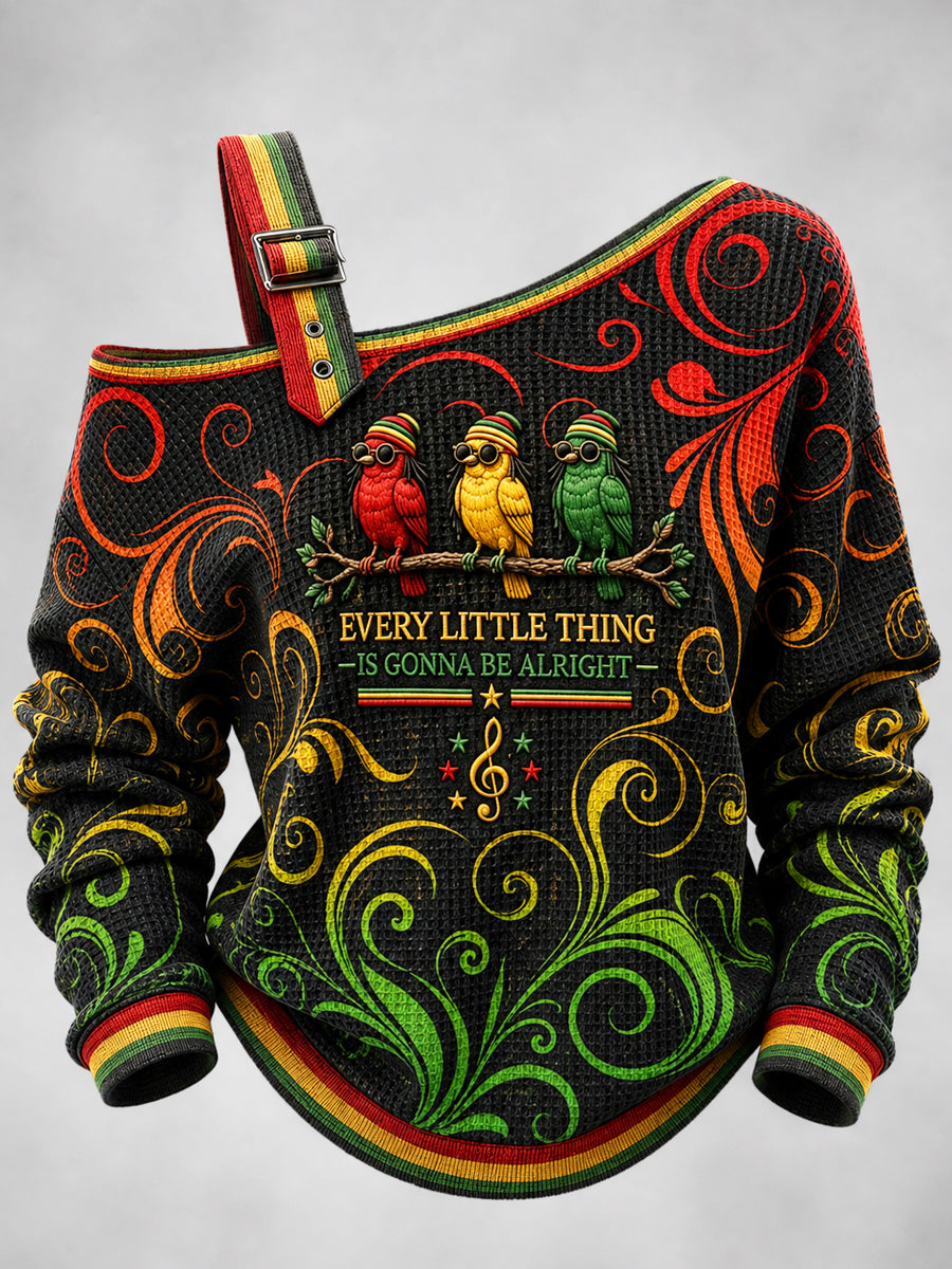 Women's Reggae Printed One Shoulder Waffle Casual Sweatshirt
